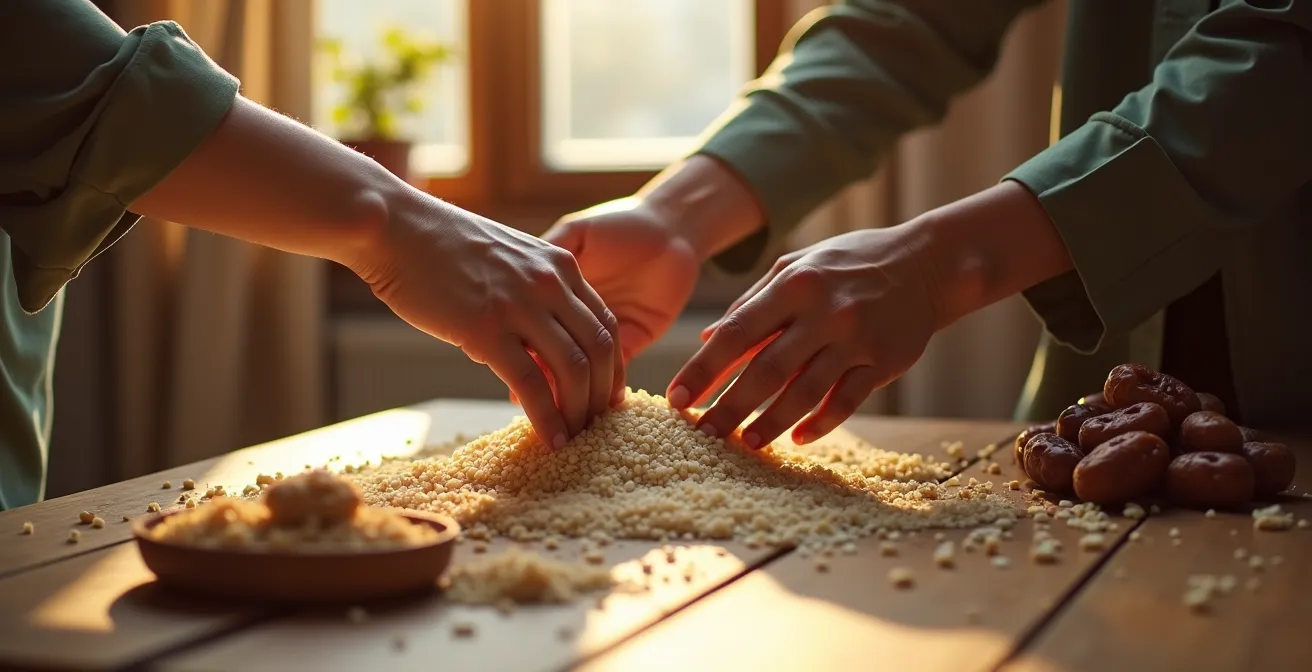 Famille préparant ensemble les denrées alimentaires pour la Zakat al-Fitr