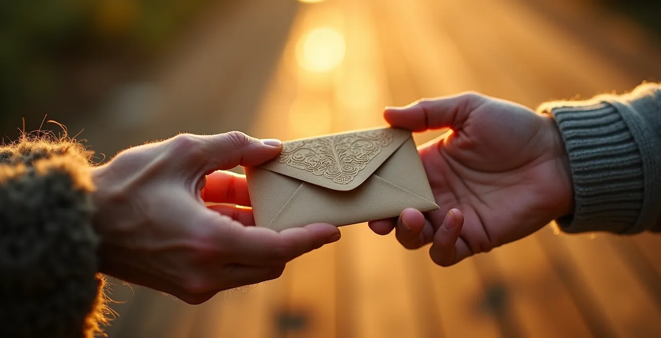 Gros plan sur deux mains échangeant une enveloppe décorative