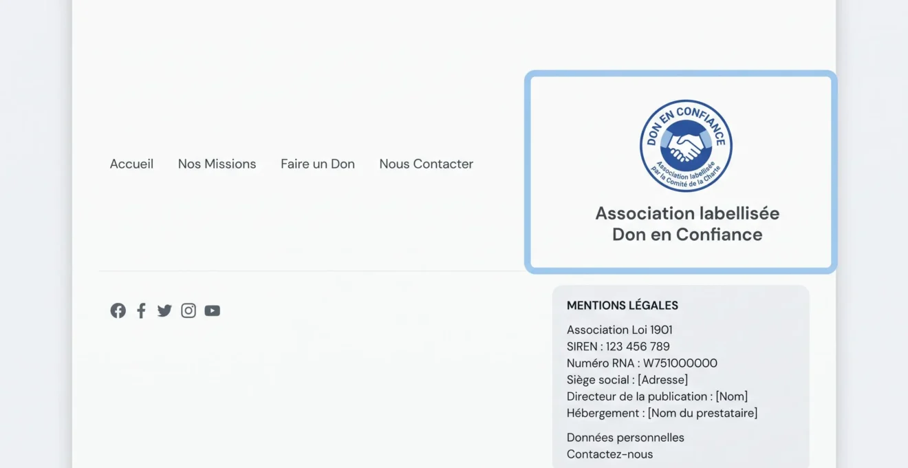 Capture d'écran d'un site associatif français montrant le logo officiel Don en Confiance dans le footer avec mentions légales visibles en français