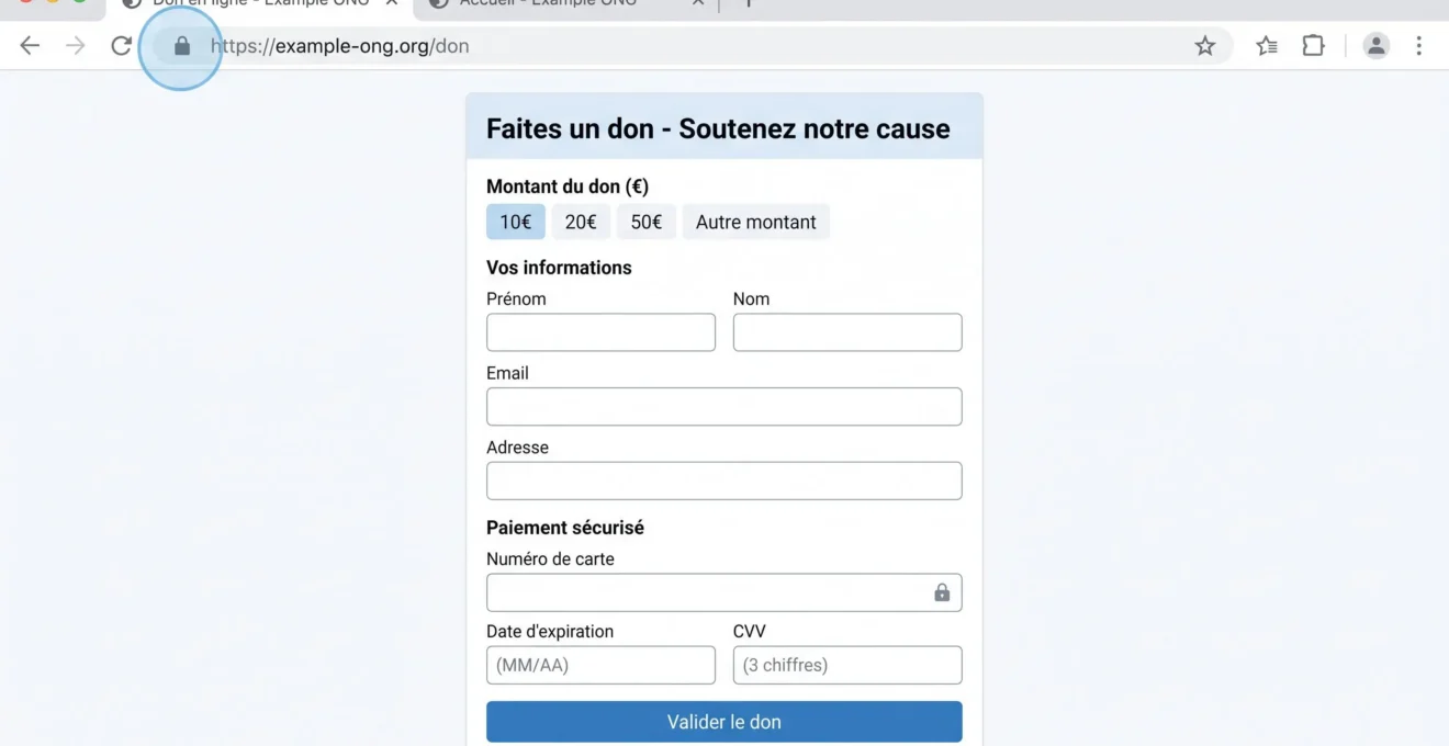 Capture d'écran navigateur web montrant cadenas HTTPS dans la barre d'adresse et formulaire de don sécurisé avec champs en français