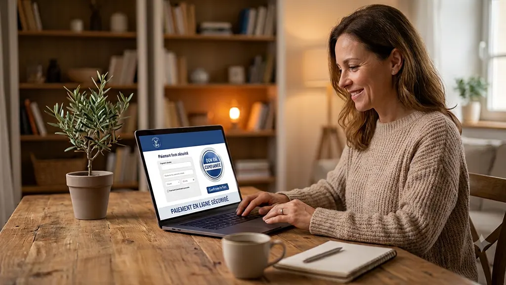 Capture d'écran d'un site associatif français montrant le logo officiel Don en Confiance dans le footer avec mentions légales visibles en français